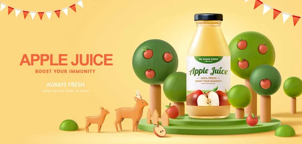 3Dイラストのフレッシュアップルジュース広告 周りにリンゴの木と黄色の背景に木製のおもちゃの鹿と現実的なボトル — ストックベクタ