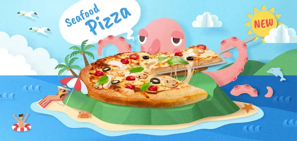 Pizza Mořské Plody Reklama Roztomilou Chobotnicí Těší Chutnou Pizzu Ilustrace — Stockový vektor