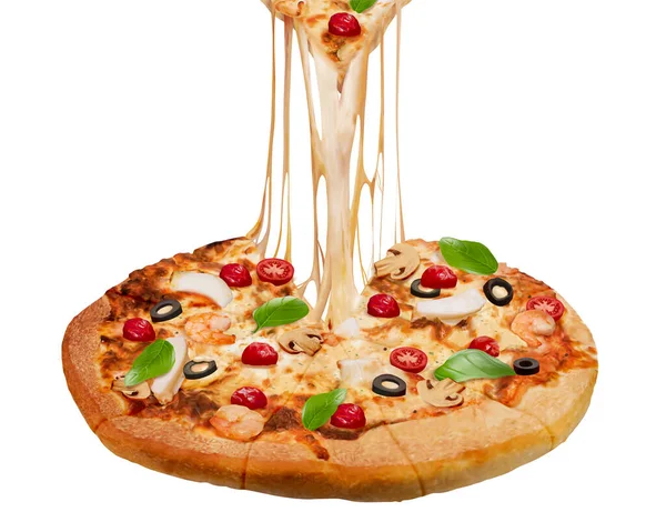 Detailní Záběr Lahodné Mořské Plody Pizza Ilustrace Izolované Bílém Pozadí — Stockový vektor