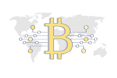 Bitcoin konsepti, Blockchain teknoloji çizimi. Altın bitcoin dijital para birimi. Düz çizgi çizimi. Web ve mobil tasarım için UX / UI ögesi.
