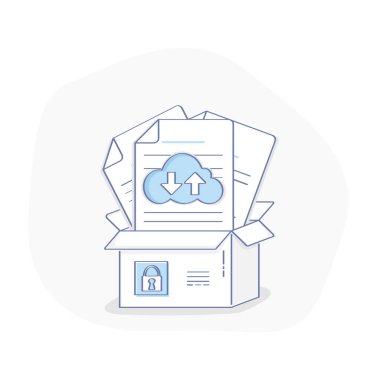 Modern düz çizgi şeklinde bulut hesaplama illüstrasyonu. Veri depolama, medya sunucusu, veri koruması ve veritabanı güvenlik simgesi konsepti. Bulut depolama servisleri arasında veri taşı, kopyala, taşı