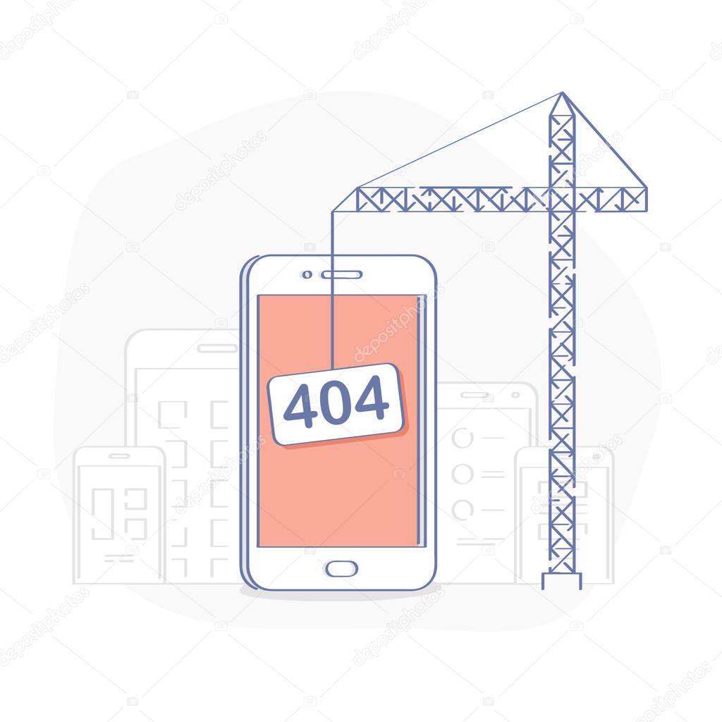 Flat line modern illustration concept of 404 Page, 404 Error or Not Found. Crane holds a sign with the inscription 404 above the mobile phone screen. Isolated vector illustration.