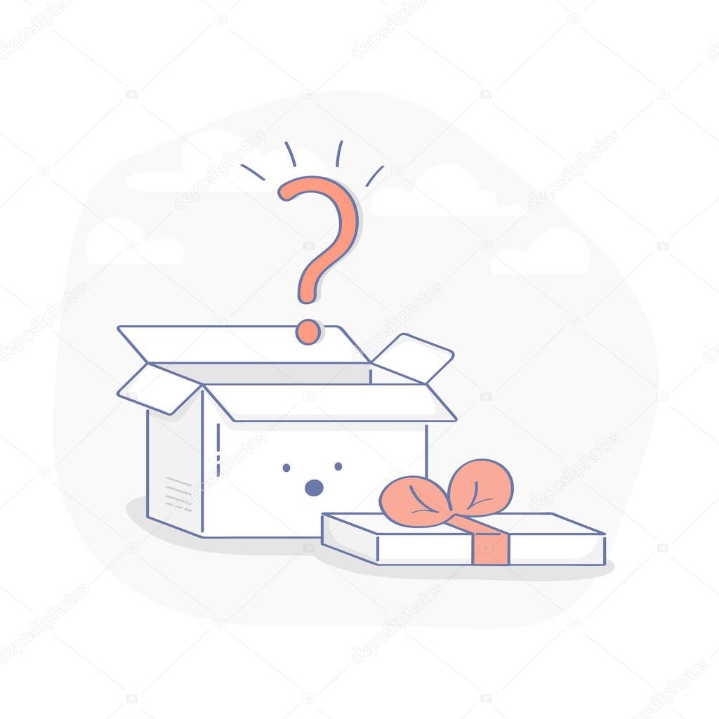 Opened gift box with a question mark, surprise inside. Cute flat line illustration concept of parcel, present, gift, surprise, offer. Flat line cute vector element for web and mobile design.