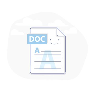 DOC dosya simgesi illüstrasyonu. Smiley belge dosyası doküman formatında. Şirin düz çizgi biçiminde izole edilmiş vektör.