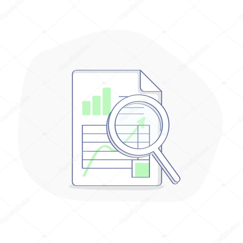 Excel file illustration icon, table with a graph. Cute smiley XLS document in modern flat line style. Business doc template concept.