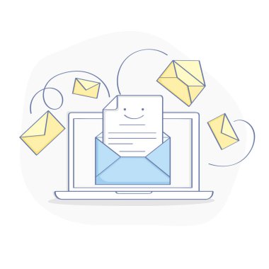 E-posta pazarlama, haber ya da mektup reklamının web sayfası şablonu. Dizüstü bilgisayarda şirin bir karikatür postası. İletişim, spam paylaşımı, bilgi paylaşımı, iş tanıtımı, e-posta gönderme düz düzen biçimi.