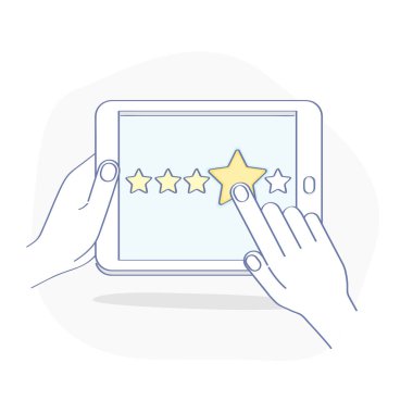 Düz çizgi illüstrasyon konsepti: Müşteri Geribildirim, Değerlendirme Değerlendirmesi veya Kalite Beğeni. Tablet ekranında dört yıldızlı el tıklama müşteri değerlendirmeleri. İzole vektör.