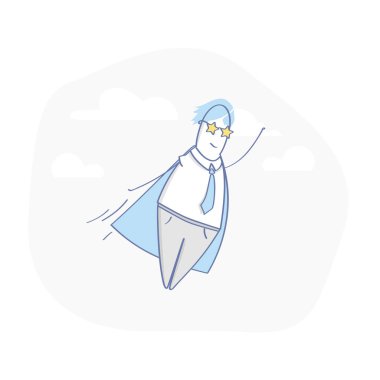 Süper kahraman, uçan gökyüzü iş adam. Güç, başarı ve overcome zorluklar kavramı. Düz anahat çizgi film karakteri, Ux / UI öğesi web ve mobil tasarım için.