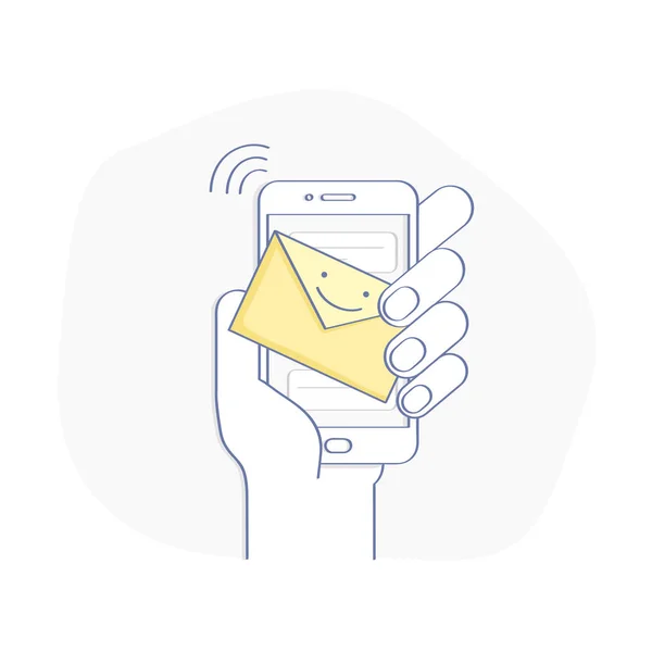 新しいメッセージ通知 受信トレイメール Sms 画面上に新しい笑顔のメッセージをスマートフォンを保持漫画の手 フラットラインイラスト Ux要素コンセプトFor Web Mobile Design — ストックベクタ