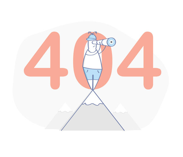 Flat line modern illustration concept of 404 page, Page not found, Error 404. The man stands on the mountain and looks in a telescope, 404 on the background. Isolated vector.