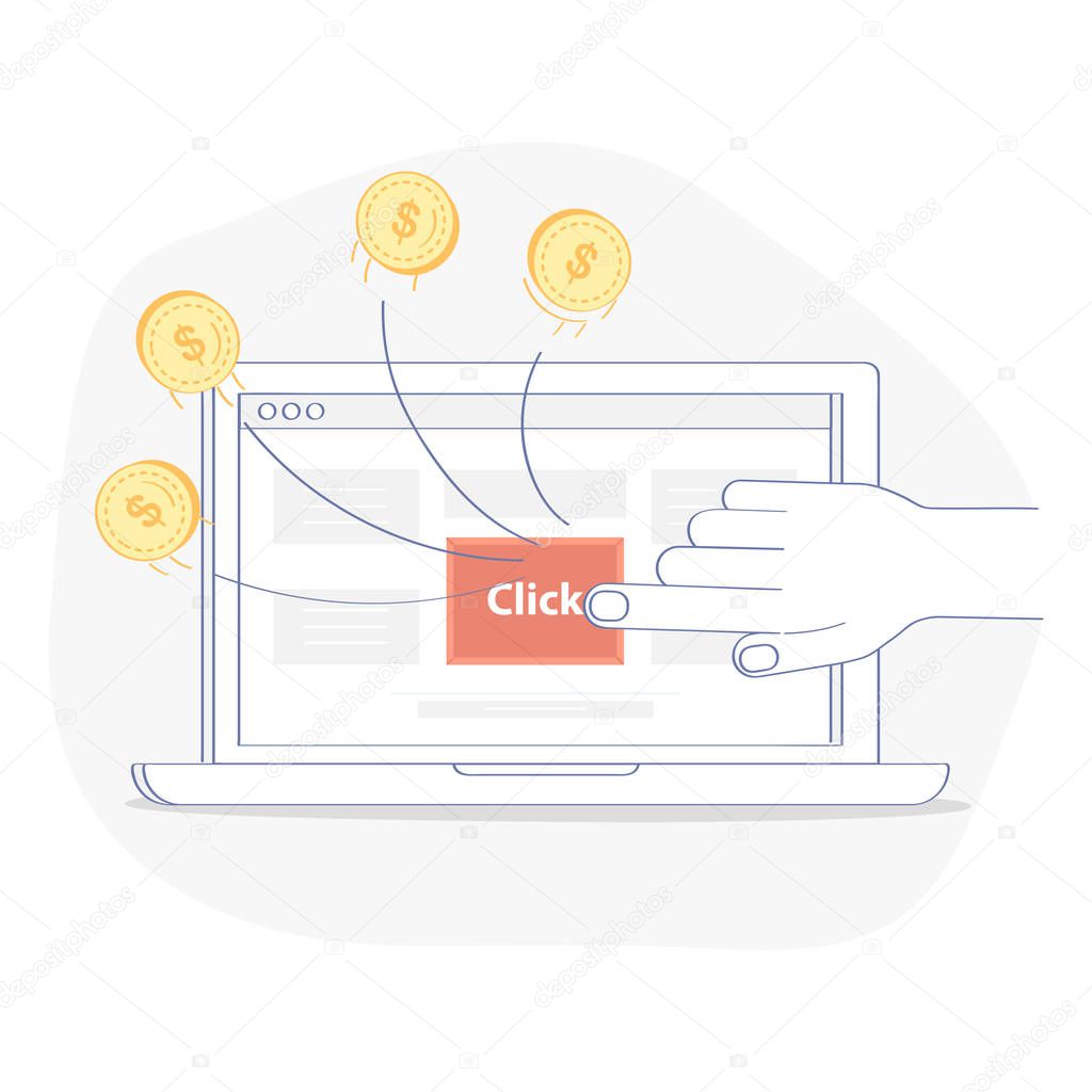 Marketing, Website Monetization, Earn Money Online and Web Advertisement in CPC or Pay Per Click banner model. The hand clicks on the banner ad. Flat clean line vector on white