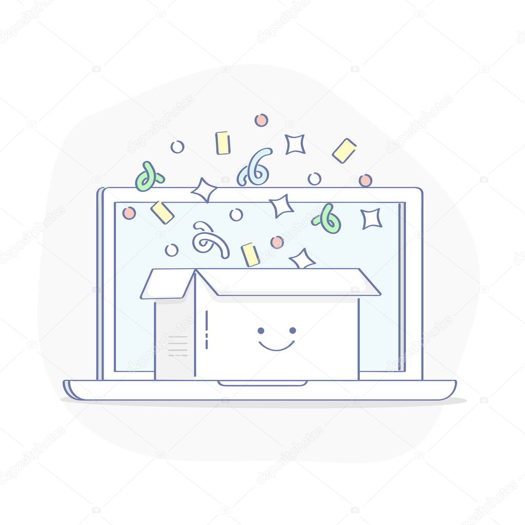 Surprise, Gift, Winning Prize, or Special offer illustration concept. Cute cartoon opened box with confetti, laptop on the background. UX/UI element for web and mobile design. Flat line icon style.