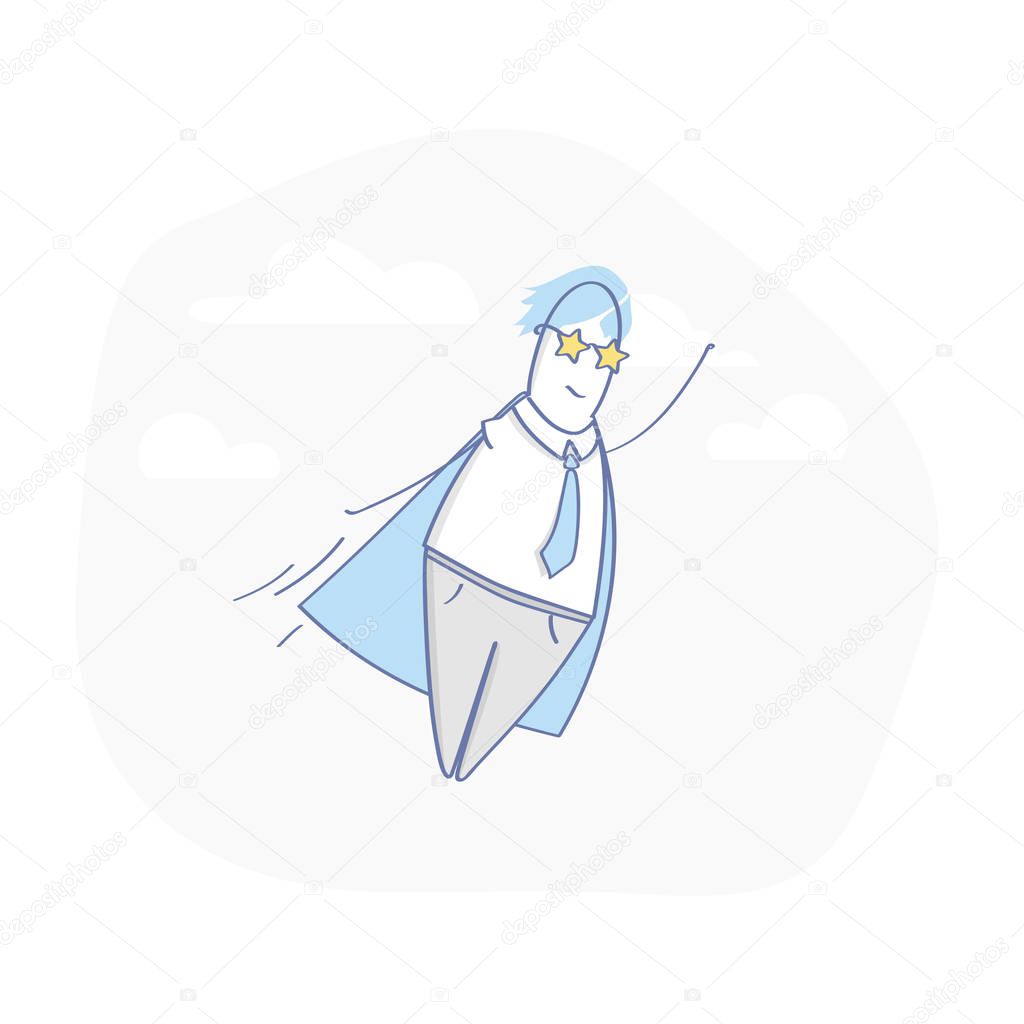 Super hero, flying in the sky business man. Concept of power, success and overcome difficulties. Flat outline cartoon character, UX / UI element for web and mobile design.