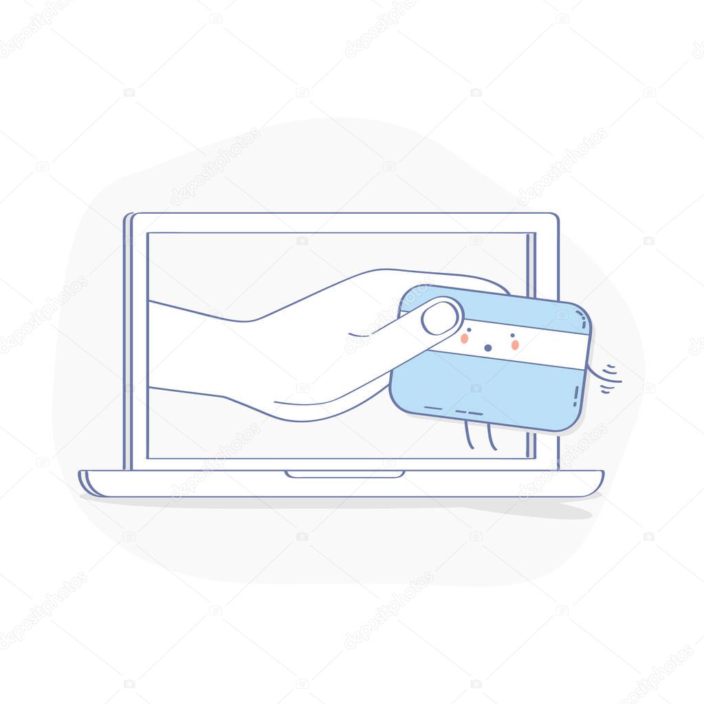 Flat line illustration concept of Hacker stealing credit card data, credit card fraud or hacking of bank account data in the process of payment from laptop. Isolated Vector in modern trendy design.