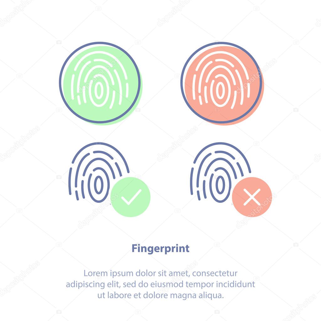 Flat line vector illustration concept of Fingerprints, Identification technology, ID app icon. Four fingerprint types detailed. Isolated icon set.