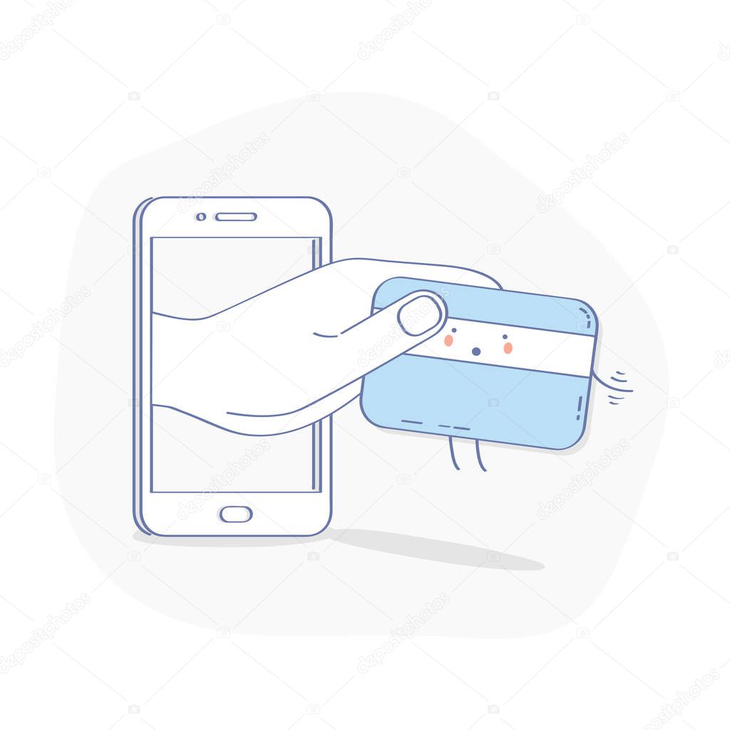 Flat line illustration concept of Hacker stealing credit card data, credit card fraud or hacking of bank account data in the process of mobile payment. Isolated Vector in modern trendy design.