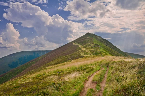 Summer mountain landscape with a path to the mountain and sky with clouds. Carpathians, Ukraine