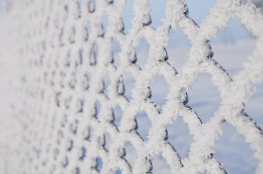Metal bir kafes üzerinde beyaz don dokusu