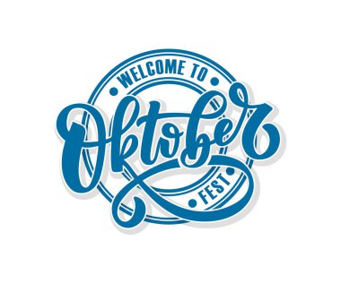Oktoberfest Logo vektör çizim. Festival kutlama tasarım dokulu arka plan üzerinde. Mutlu Oktoberfest yazı tipografi. El Ekim parti kutsal kişilerin resmi çizdi. Bira Festivali dekorasyon rozeti 