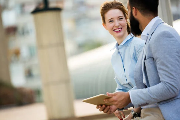 Picture Young Attractive Business Partners Standing Outdoor — Stock Photo, Image