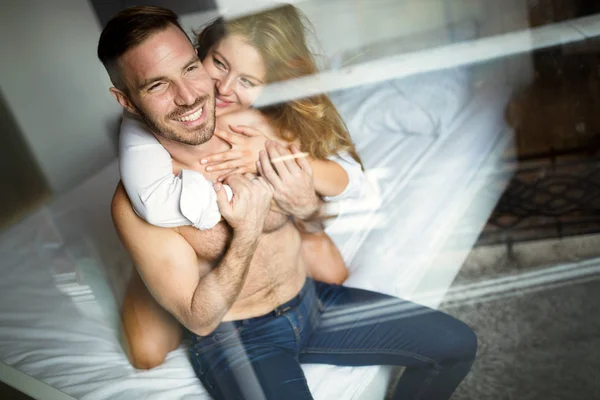 Attractive Young Couple Sharing Intimate Moments Bedroom — Stock Photo, Image