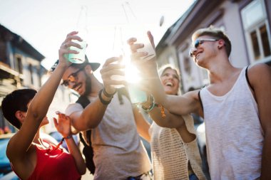 Mutlu genç arkadaşlar müzik festivalinde eğleniyor.