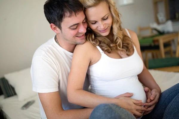 Happy Pregnant Blonde Woman Relaxing Her Husband — Stock Photo, Image