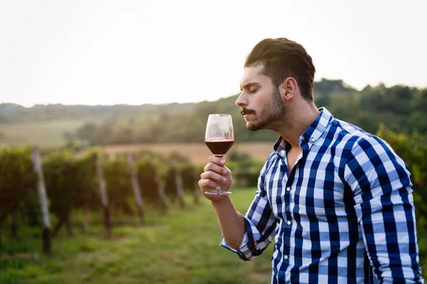Happy winegrower tasting wine in vineyard in summer