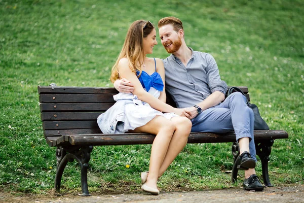 Couple Love Spending Time Nature Park Bench — Stock Photo, Image