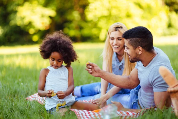 Bild Underbara Par Med Deras Dotter Picknick Naturen — Stockfoto