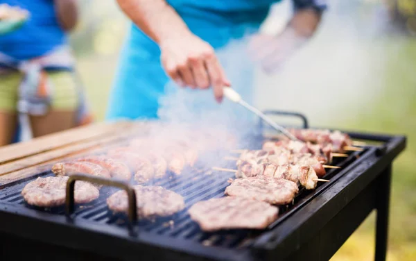 Happy Students Having Barbecue Summer Day Forest — Stock Photo, Image