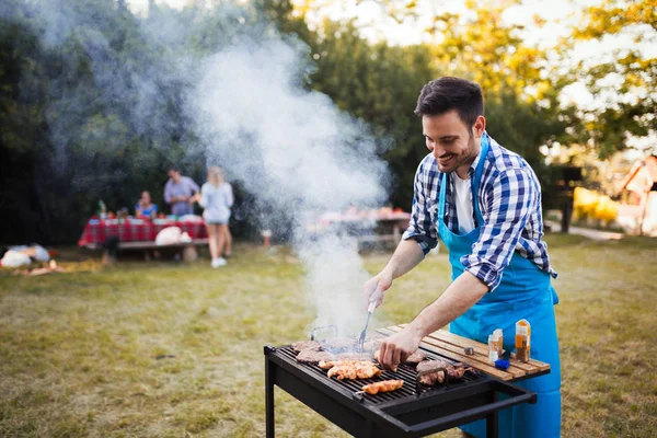 Happy Male Grilling Bbq Meat Outdoor Nature — Stock Photo, Image