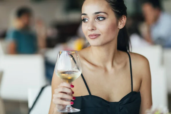 Beautiful Woman Tasting Wine While Sitting Restaurant — Stock Photo, Image