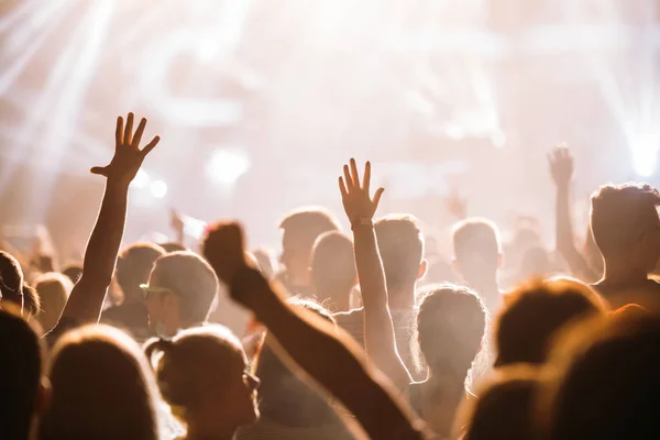 Cheering crowd with hands in air enjoying at music festival