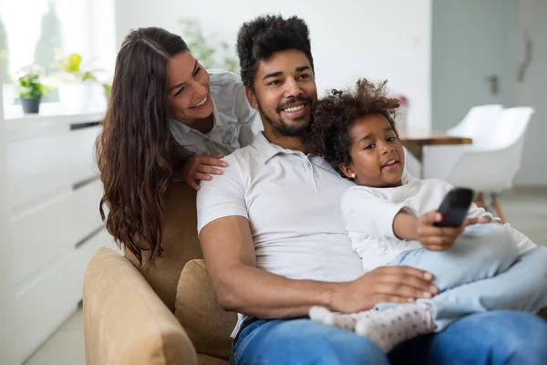 Happy Family Watches Movie While Sitting Couch — Stock Photo, Image