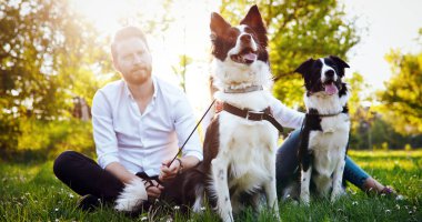 Güzel çift yürüyüş köpekler 