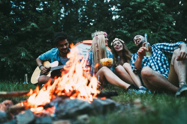 Amigos Felizes Tocando Música Desfrutando Fogueira Natureza — Fotografia de Stock