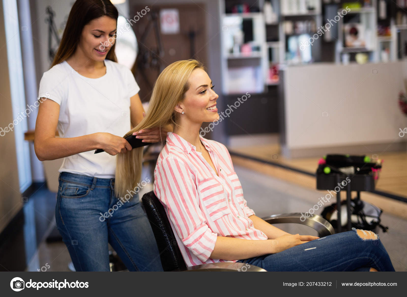 Happy Young Woman Hairdresser Fan Making Hot Styling Hair Salon
