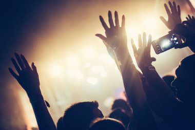 Kalabalığı eğlendirmekten elleri havada Müzik Festivali'nde zevk
