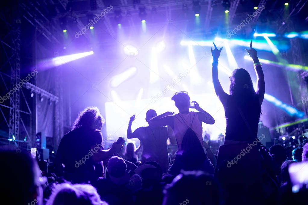 Portrait of happy dancing crowd enjoying at music festival