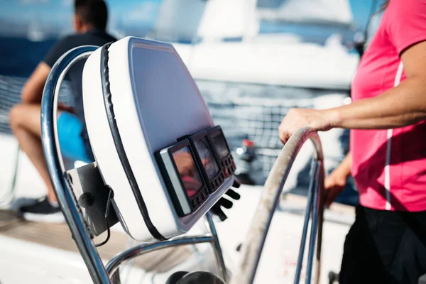 Happy Strong Sport Woman Sailing Her Boat — Stock Photo, Image