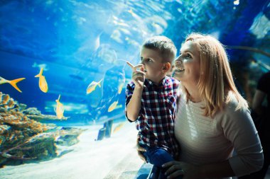Anne ve çocuğu oceanarium hayatta deniz izlerken