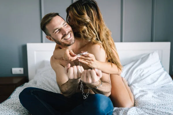 Passionate Beautiful Couple Bedroom Enjoying Foreplay — Stock Photo, Image