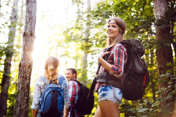 Amigos caminhadas na floresta — Fotografia de Stock