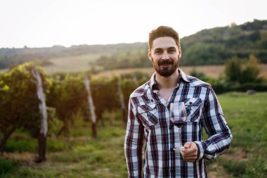 Mutlu winegrower yaz aylarında üzüm şarap tadımı
