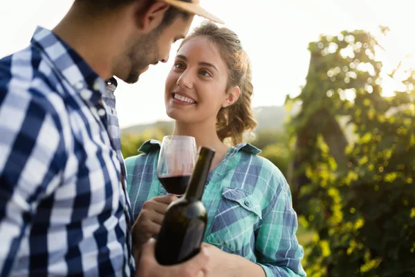 Pareja Enamorada Trabajando Viñedo Enólogo Degustando Vinos — Foto de Stock