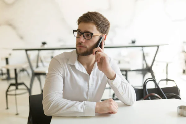 Pensive Young Businessman Shirt Cafe Using Phone — Stock Photo, Image