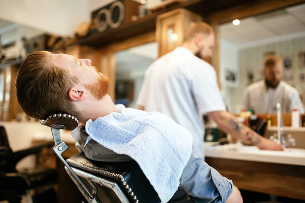 Male Receiving Hair Beard Treatment Barber Shop — Stock Photo, Image