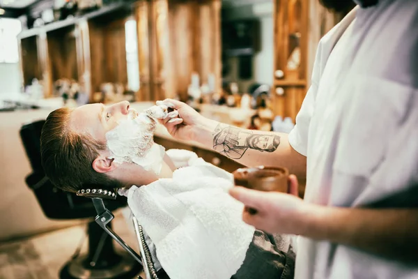 Male Receiving Hair Beard Treatment Barber Shop — Stock Photo, Image