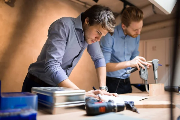 Two Creative Designers Working Workshop Precision Tools Manufacturing New Product — Stock Photo, Image